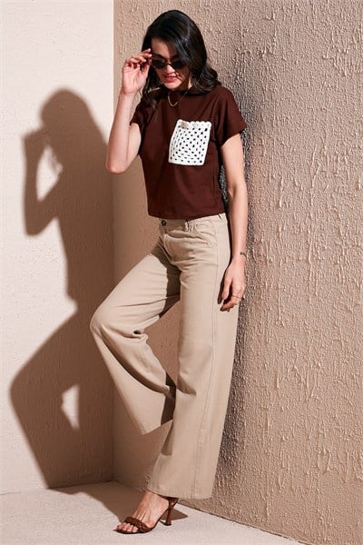 Pamuklu Standart Fit Yüksek Bel Geniş Paça Kadın Pantolon 668YP5193 CAMEL