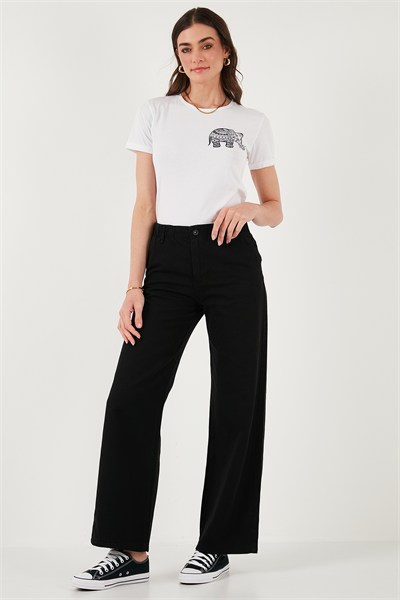 Pamuklu Standart Fit Yüksek Bel Geniş Paça Kadın Pantolon 668YP5344 SİYAH