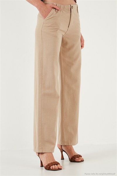 Pamuklu Standart Fit Yüksek Bel Geniş Paça Kadın Pantolon 668YP5193 CAMEL