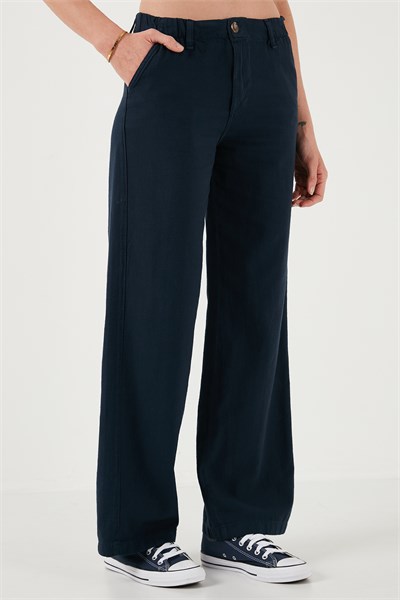 Pamuklu Standart Fit Yüksek Bel Geniş Paça Kadın Pantolon 668YP5193 LACİVERT