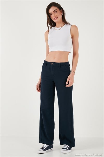 Pamuklu Standart Fit Yüksek Bel Geniş Paça Kadın Pantolon 668YP5193 LACİVERT