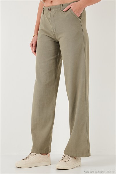 Pamuklu Standart Fit Yüksek Bel Geniş Paça Kadın Pantolon 668YP5193 HAKİ