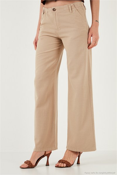 Pamuklu Standart Fit Yüksek Bel Geniş Paça Kadın Pantolon 668YP5193 CAMEL