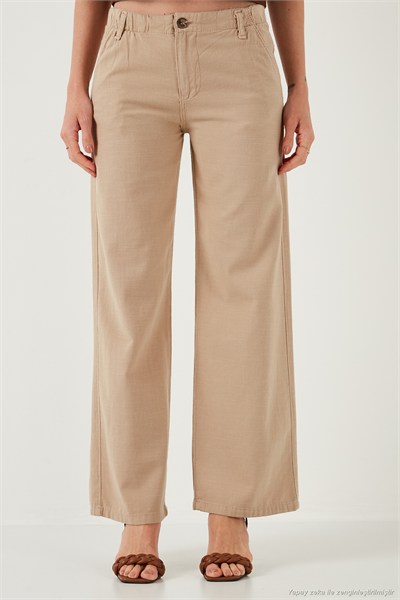 Pamuklu Standart Fit Yüksek Bel Geniş Paça Kadın Pantolon 668YP5193 CAMEL