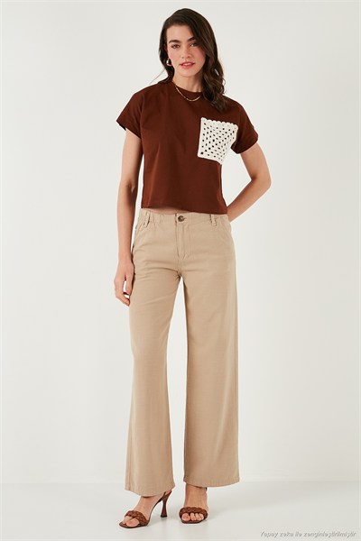 Pamuklu Standart Fit Yüksek Bel Geniş Paça Kadın Pantolon 668YP5193 CAMEL