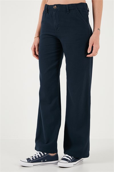 Pamuklu Standart Fit Yüksek Bel Geniş Paça Kadın Pantolon 668YP5193 LACİVERT
