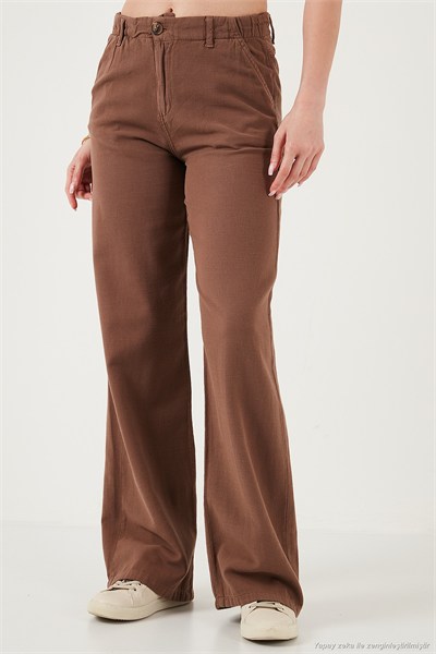 Pamuklu Standart Fit Yüksek Bel Geniş Paça Kadın Pantolon 668YP5193 KAHVE