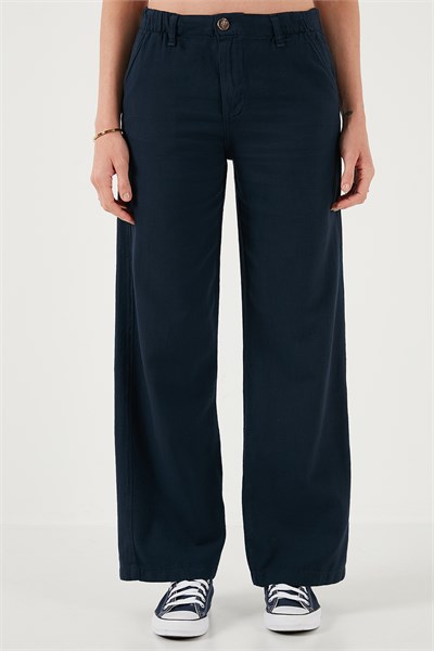 Pamuklu Standart Fit Yüksek Bel Geniş Paça Kadın Pantolon 668YP5193 LACİVERT