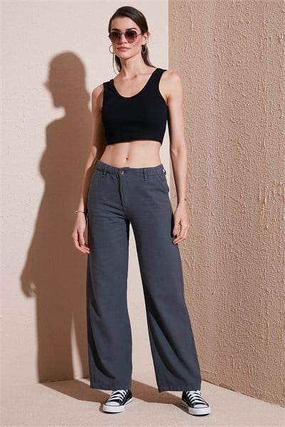 Pamuklu Standart Fit Yüksek Bel Geniş Paça Kadın Pantolon 668YP5193 ANTRASİT
