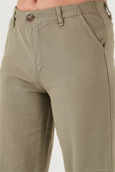 Pamuklu Standart Fit Yüksek Bel Geniş Paça Kadın Pantolon 668YP5193 HAKİ