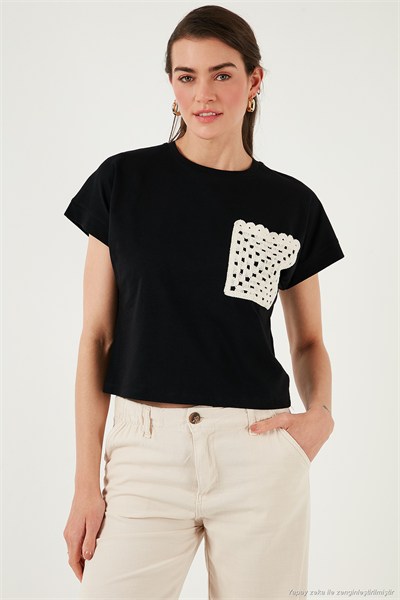 Pamuklu Tek Cepli Regular Fit Bisiklet Yaka Kadın T Shirt 5865818 SİYAH