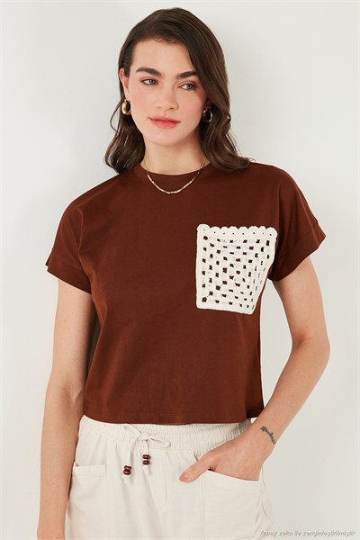 Pamuklu Tek Cepli Regular Fit Bisiklet Yaka Kadın T Shirt 5865818 KAHVE