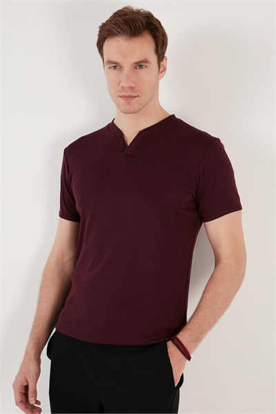 Pamuklu V Yaka Regular Fit Erkek T Shirt 5902122 VİŞNE