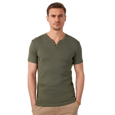 Pamuklu V Yaka Regular Fit Erkek T Shirt 5902122 HAKİ