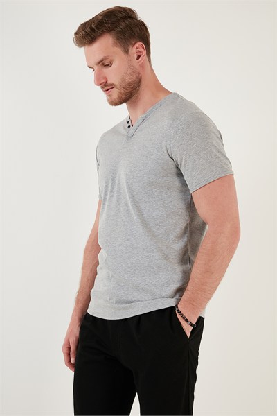 Pamuklu V Yaka Regular Fit Erkek T Shirt 5902122 GRİ MELANJ