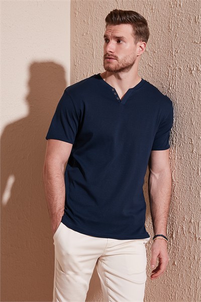 Pamuklu V Yaka Regular Fit Erkek T Shirt 5902122 İNDİGO