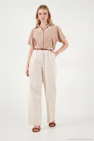 Pamuklu Wide Leg Yüksek Bel Geniş Paça Kemerli Kadın Pantolon 668YP5429 TAŞ