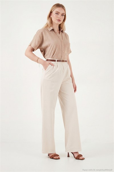 Pamuklu Wide Leg Yüksek Bel Geniş Paça Kemerli Kadın Pantolon 668YP5429 TAŞ