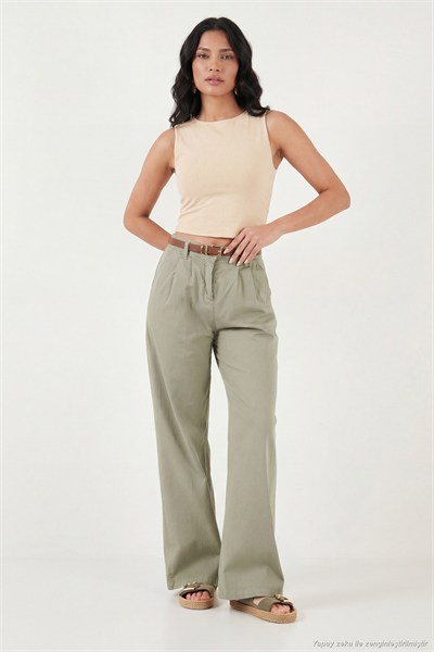 Pamuklu Wide Leg Yüksek Bel Geniş Paça Kemerli Kadın Pantolon 668YP5429 HAKİ
