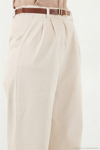 Pamuklu Wide Leg Yüksek Bel Geniş Paça Kemerli Kadın Pantolon 668YP5429 TAŞ