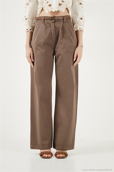 Pamuklu Wide Leg Yüksek Bel Geniş Paça Kemerli Kadın Pantolon 668YP5429 KAHVE