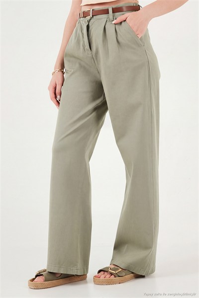 Pamuklu Wide Leg Yüksek Bel Geniş Paça Kemerli Kadın Pantolon 668YP5429 HAKİ