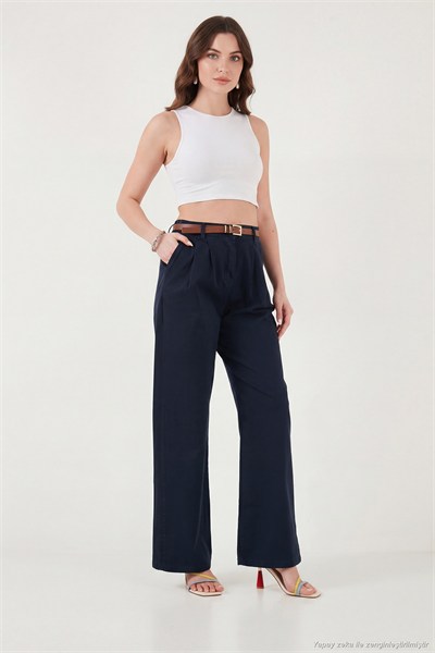 Pamuklu Wide Leg Yüksek Bel Geniş Paça Kemerli Kadın Pantolon 668YP5429 LACİVERT