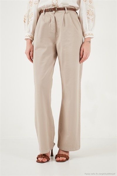 Pamuklu Wide Leg Yüksek Bel Geniş Paça Kemerli Kadın Pantolon 668YP5429 KOYU TAŞ