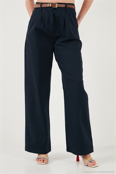 Pamuklu Wide Leg Yüksek Bel Geniş Paça Kemerli Kadın Pantolon 668YP5429 LACİVERT