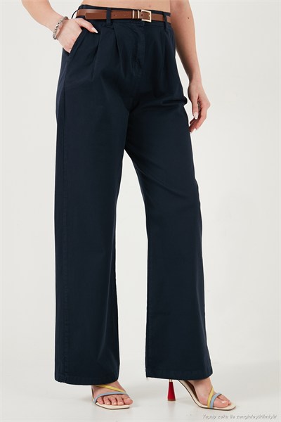 Pamuklu Wide Leg Yüksek Bel Geniş Paça Kemerli Kadın Pantolon 668YP5429 LACİVERT