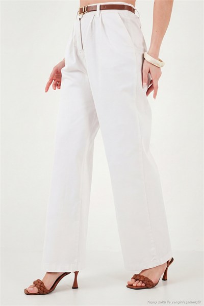 Pamuklu Wide Leg Yüksek Bel Geniş Paça Kemerli Kadın Pantolon 668YP5429 BEYAZ