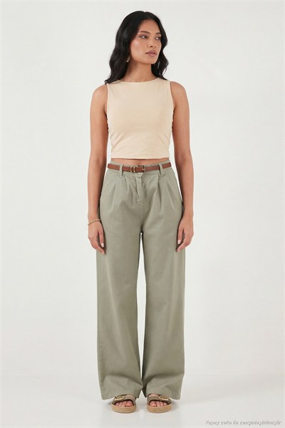 Pamuklu Wide Leg Yüksek Bel Geniş Paça Kemerli Kadın Pantolon 668YP5429 HAKİ