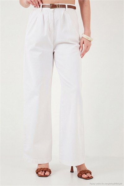 Pamuklu Wide Leg Yüksek Bel Geniş Paça Kemerli Kadın Pantolon 668YP5429 BEYAZ