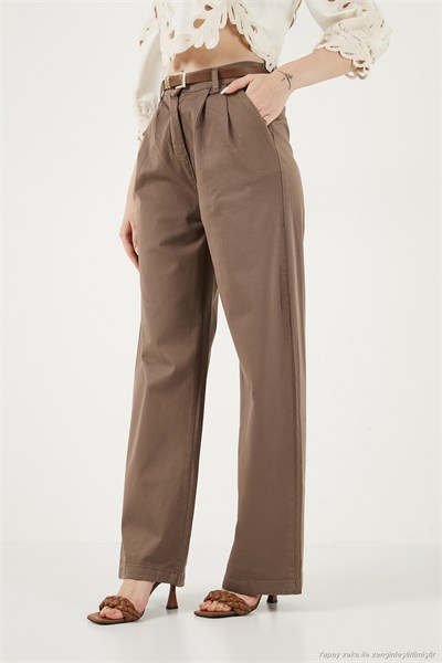 Pamuklu Wide Leg Yüksek Bel Geniş Paça Kemerli Kadın Pantolon 668YP5429 KAHVE