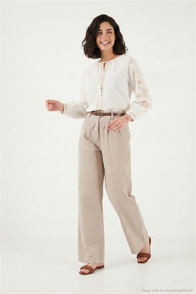 Pamuklu Wide Leg Yüksek Bel Geniş Paça Kemerli Kadın Pantolon 668YP5429 KOYU TAŞ