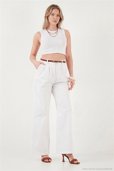 Pamuklu Wide Leg Yüksek Bel Geniş Paça Kemerli Kadın Pantolon 668YP5429 BEYAZ