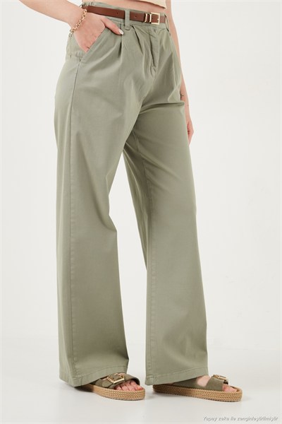 Pamuklu Wide Leg Yüksek Bel Geniş Paça Kemerli Kadın Pantolon 668YP5429 HAKİ