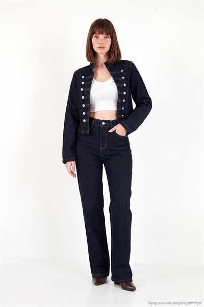 Pamuklu Yüksek Bel Bol Paça Jeans Kadın Kot Pantolon 7031006 KOYU MAVİ