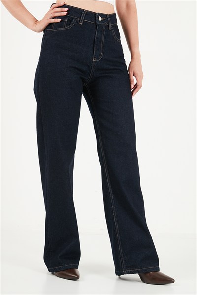 Pamuklu Yüksek Bel Bol Paça Jeans Kadın Kot Pantolon 7031006 KOYU MAVİ