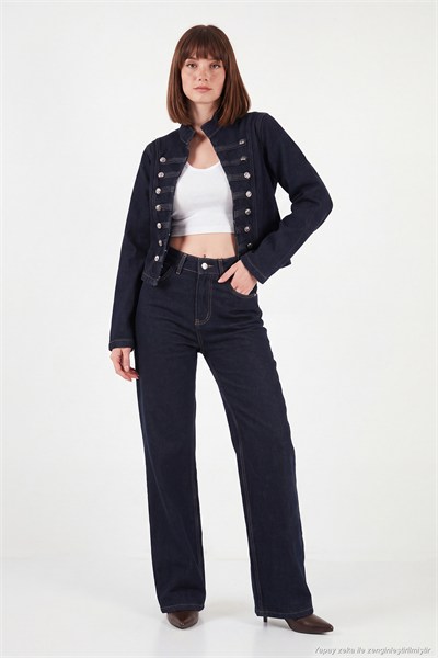 Pamuklu Yüksek Bel Bol Paça Jeans Kadın Kot Pantolon 7031006 KOYU MAVİ