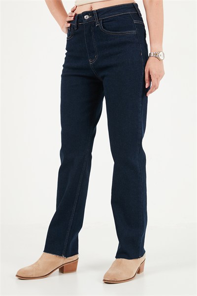 Pamuklu Yüksek Bel Düz Paça Jeans Kadın Kot Pantolon 7031007 KOYU MAVİ