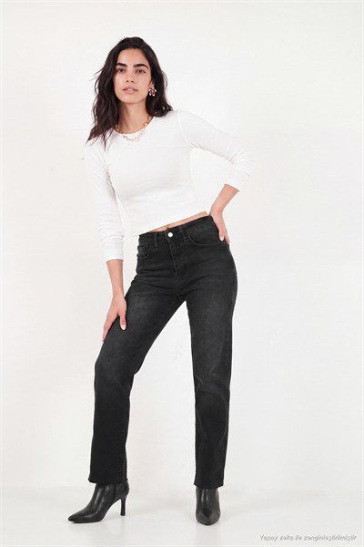 Pamuklu Yüksek Bel Düz Paça Jeans Kadın Kot Pantolon 7031007 SİYAH