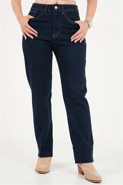 Pamuklu Yüksek Bel Düz Paça Jeans Kadın Kot Pantolon 7031007 KOYU MAVİ