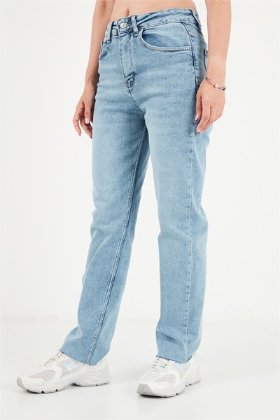 Pamuklu Yüksek Bel Düz Paça Jeans Kadın Kot Pantolon 7031007 MAVİ