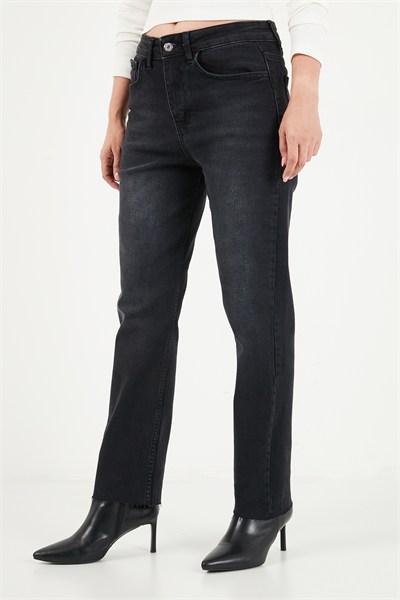 Pamuklu Yüksek Bel Düz Paça Jeans Kadın Kot Pantolon 7031007 SİYAH