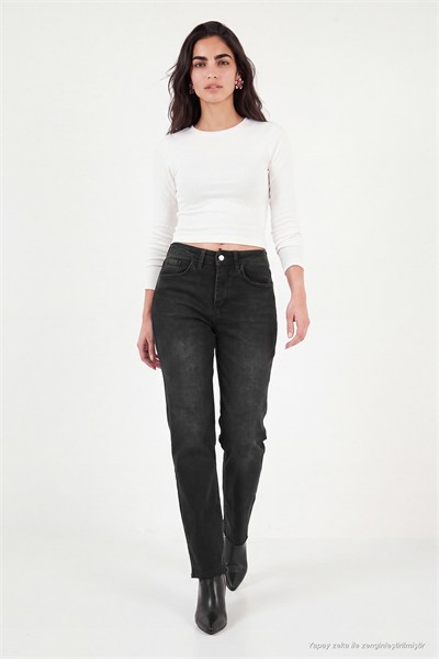 Pamuklu Yüksek Bel Düz Paça Jeans Kadın Kot Pantolon 7031007 SİYAH