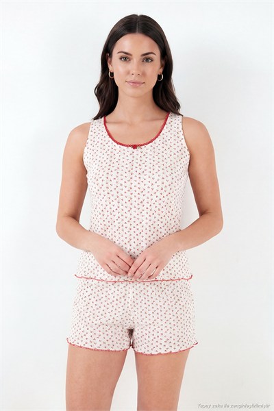 Pamuklu Yumuşak Dokulu Desenli Şortlu Kadın Pijama Takımı 65770754 EKRU