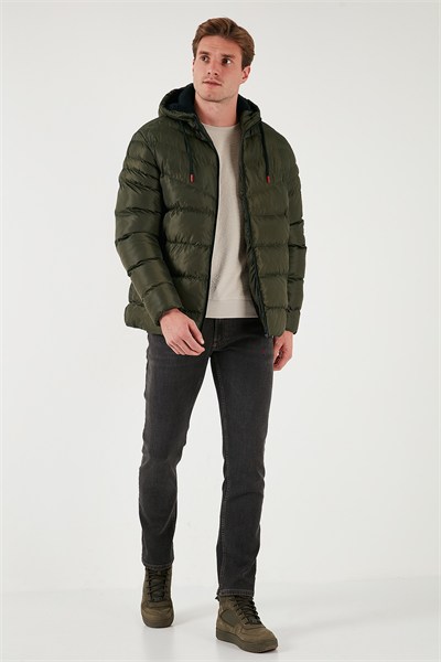 Peluş Astarlı Kapüşonlu Fermuarlı Slim Fit Şişme Erkek Mont 5762010 HAKİ