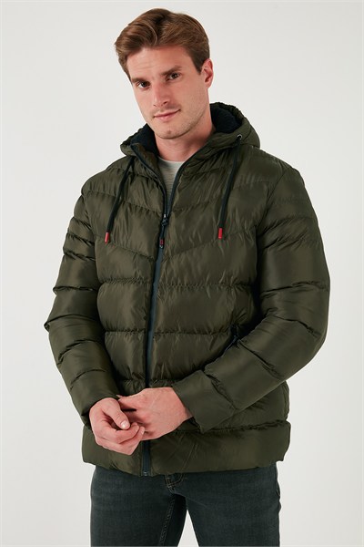Peluş Astarlı Kapüşonlu Fermuarlı Slim Fit Şişme Erkek Mont 5762010 HAKİ