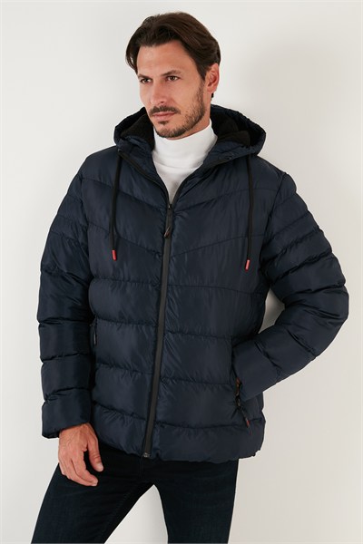 Peluş Astarlı Kapüşonlu Fermuarlı Slim Fit Şişme Erkek Mont 5762010 LACİVERT